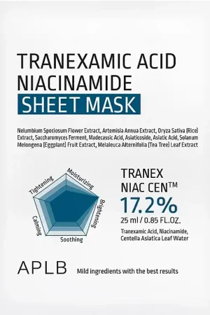 Verhelderend sheetmasker voor het gezicht met tranexaminezuur en niacinamide