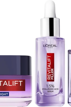 Loreal ParisRevitaliftFiller1,5% Hyaluronic Acid Serum 30 ml, Revitalift Filler Night Cream 50 ml & 2,5% Hyaluronic Acid Eye Serum 20 ml